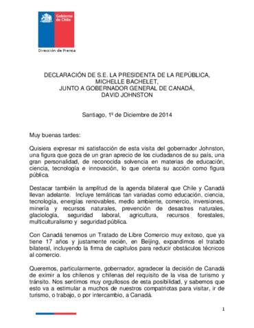 Discurso De Michelle Bachelet Junto A Gobernador General De Canad