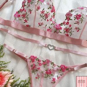 Fairy Floral Transparent Heart Lingerie Set Sensual Thongs Fancy French Underwear Pink