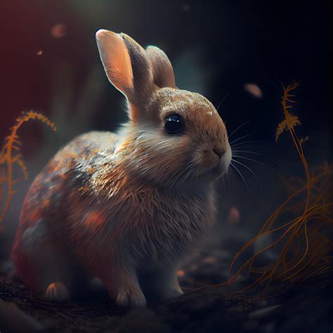 Rabbit In The Dark Forest Animal In The Forest 3d Rendering Image