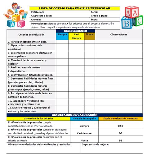 Lista de cotejo para evaluar preescolar TU GUÍA DE APRENDIZAJE