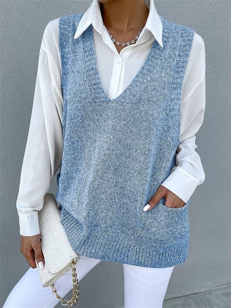 SHEIN Unity Marled Knit Dual Pocket Sweater Vest Without Blouse SHEIN