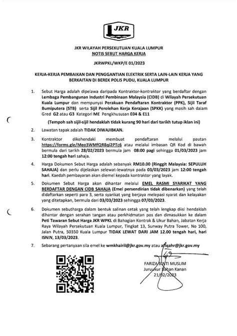 Jkr Kuala Lumpur On Twitter Notis Sebut Harga Kerja Jkrwpkl Wkp E