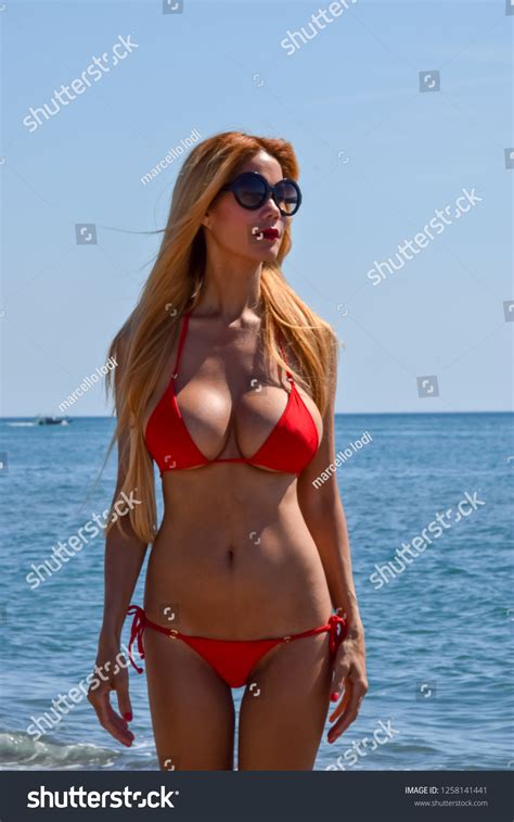 Sexy Blonde Model Red Micro Bikini Stock Photo 1258141441 Shutterstock