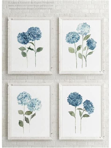 Hydrangea Flower Set 4 Print Wall Art Blue Botanical Art Etsy