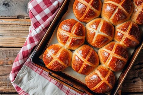 Premium AI Image Traditional Easter Hot Cross Buns On A Baking Tray AI Generated
