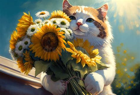 Un Retrato De Un Lindo Gato Con Un Gran Ramo De Girasoles Y Margaritas