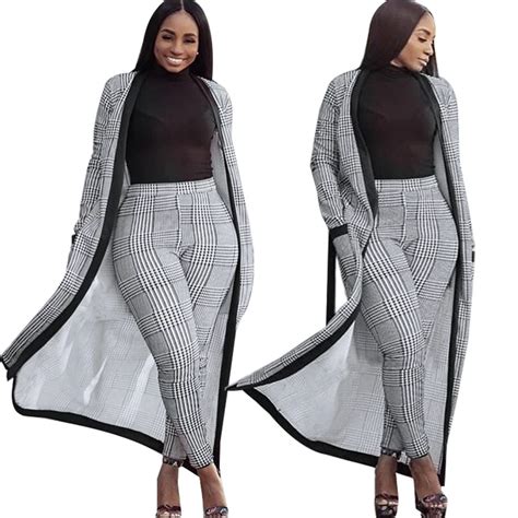 Plus Size 2 Piece Pants Set 2018 Autumn Plaid X Long Jacket Trench