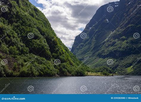 Beautiful Landscape Of Narrow Fjord And A Lake In Aurland Municipality