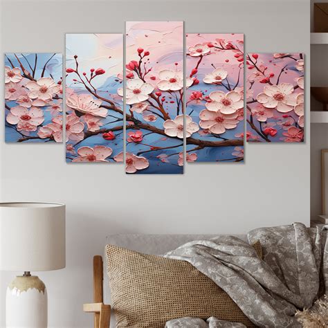 Winston Porter Pink And Blue Cherry Blossom Ii 5 Piece Wrapped Canvas