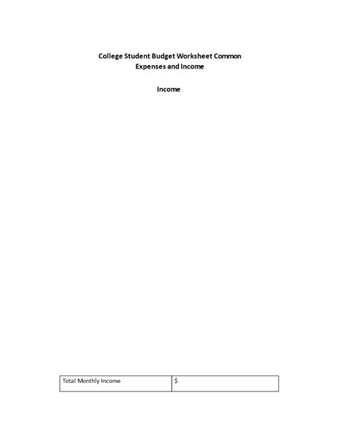 College Budget Worksheet
