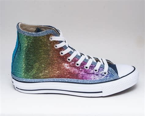 Sequin Rainbow Over Blue Multi Colors Canvas Converse Hi Top