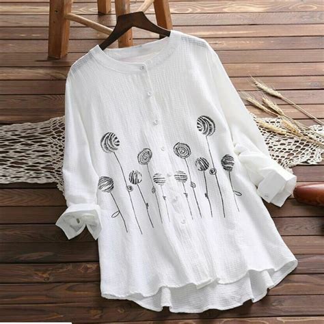 Women Cotton Linen Blouses Vintage Printed Summer Tops Casual Long Sleeve Loose Ladies Office