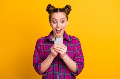 Premium Photo Photo Of Funny Teen Lady Two Buns Hold Telephone Read