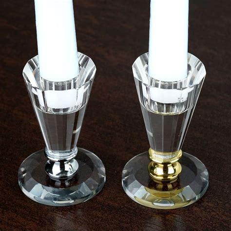 3 Tall Gemcut Premium Crystal Glass Taper Candlestick Holder Stand With Gold Metal Stem