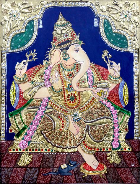 Tanjore Style Painting Of Lord Ganesha Sitting Lord Ganesha In Tanjore