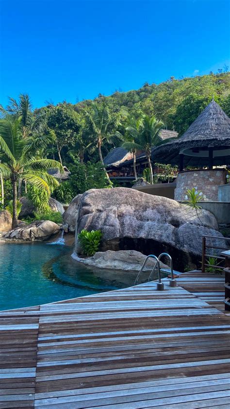 An Outdoor Swimming Pool Surrounded By Palm Trees And Water Features