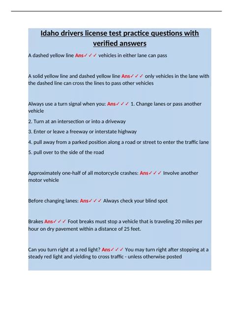 Idaho drivers license test practice questions with verified answers