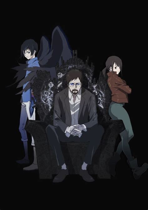 Three Anime Characters Sitting On A Chair In The Dark