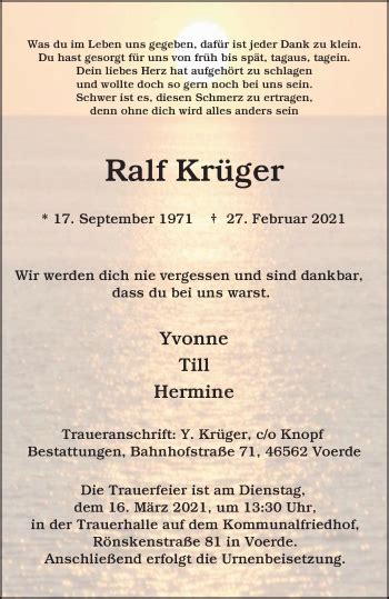 Traueranzeigen von Ralf Krüger Trauer in NRW de