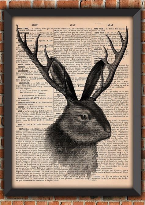 jackalope poster, Wolpertinger art print, imaginary animal, horned rabbit, hare antler, French ...