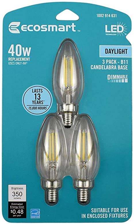 Ecosmart 40 Watt Equivalent B11 Candle Dimmable Energy Star Clear Glass Filament Vintage Led