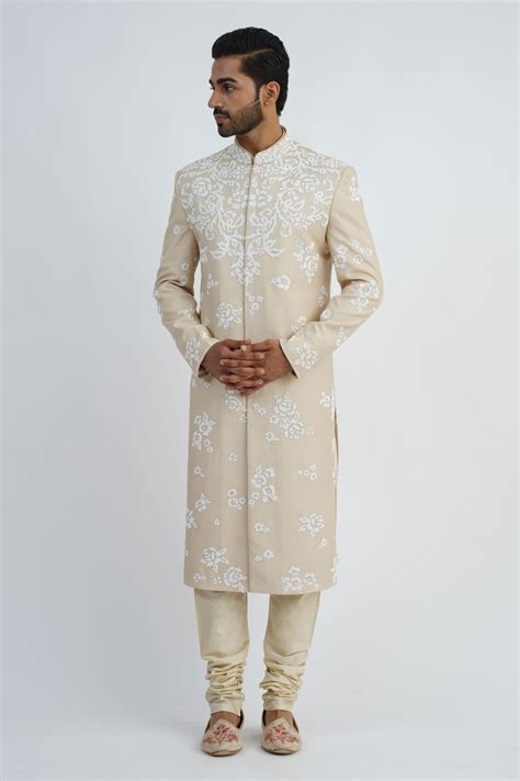 Buy Beige Moonga Silk Embroidered Pearls Sherwani Churidar Set For Men