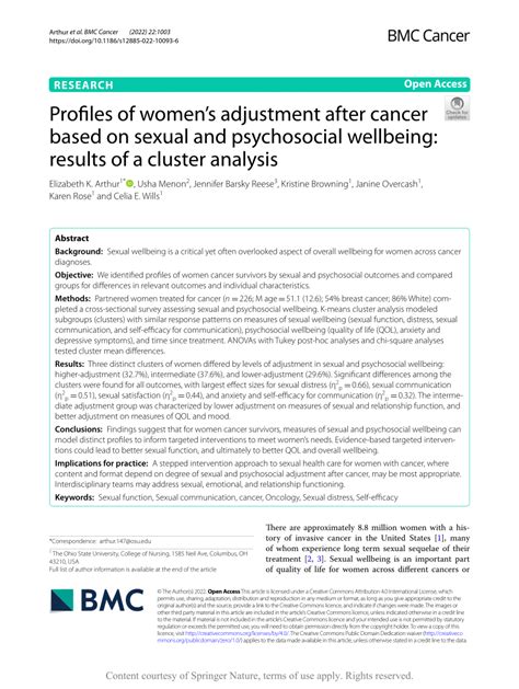 Pdf Profiles Of Womens Adjustment After Cancer Based On Sexual And Psychosocial Wellbeing