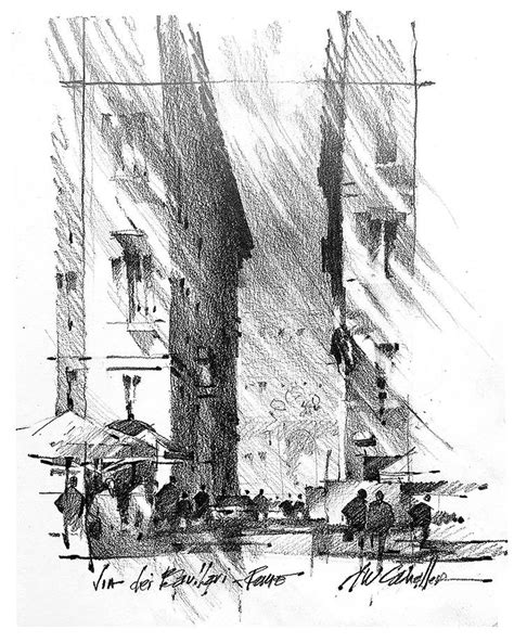 An Ink Drawing Of People Walking Down The Street In Front Of A Building