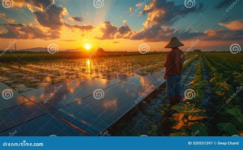 Farmer Irrigating Paddy Field Stock Illustration - Illustration of ...