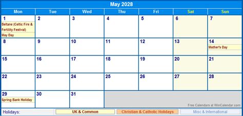 May 2028 UK Calendar With Holidays For Printing Image Format