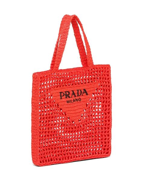 Prada Triangle Logo Crochet Raffia Tote Bag Orange FARFETCH