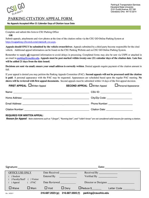 Fillable Online Csuohio PARKING CITATION APPEAL FORM Engaged Learning