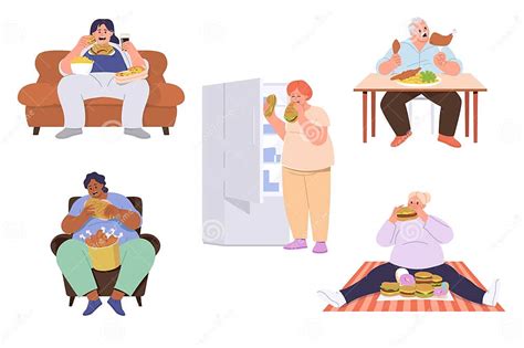 Set Of Fat People Characters Having Eating Disorder Overweight Problem Unhealthy Lifestyle