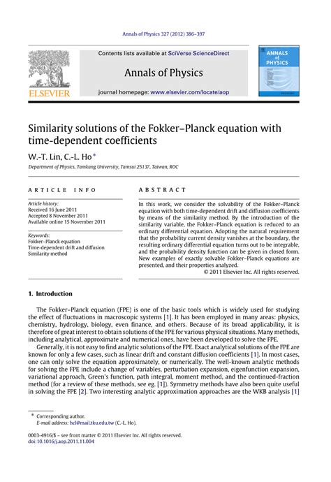 Pdf Similarity Solutions Of Fokker Planck Equation With Time