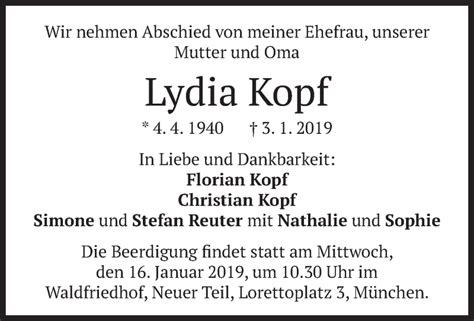 Traueranzeigen Von Lydia Kopf Trauer Merkur De