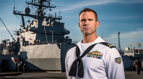 A Sailor In Dress Whites Stands Rigid At Attention In Front Of A Naval Ship