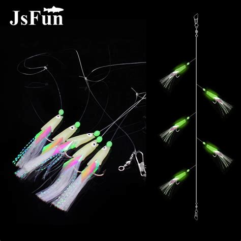 5pcsset High Carbon Steel Luminous Fishing String Hook Feathers Bass