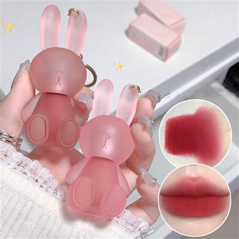 Gege Bear Cute Rabbit Keychain Clay Creamy Lip Mud Nude Matte Lip Tint Long Lasting Waterproof