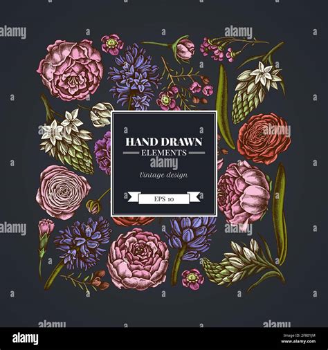 Square Floral Design On Dark Background With Peony Carnation