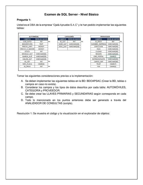 Examen Sql Server E Examen De Sql Server Nivel B Sico Pregunta