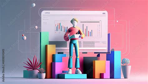 3d Cartoon Character Computer Open Pages Data Analytics Dashboard Business Finance Report