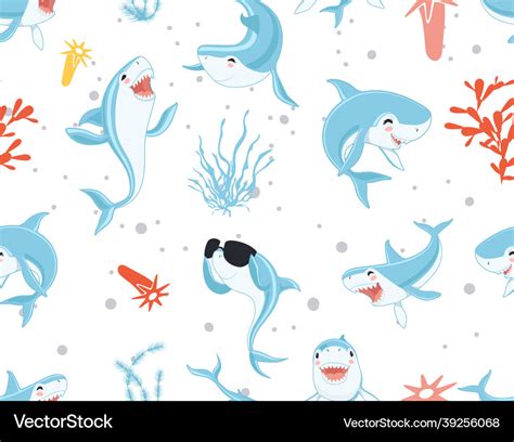 Cute Sharks Pattern Funny Cartoon Shark Seaweed Vector Image