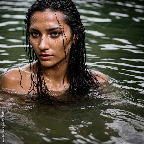 Beautiful Naked Woman Swimming In The River Stock Photo Adobe Stock