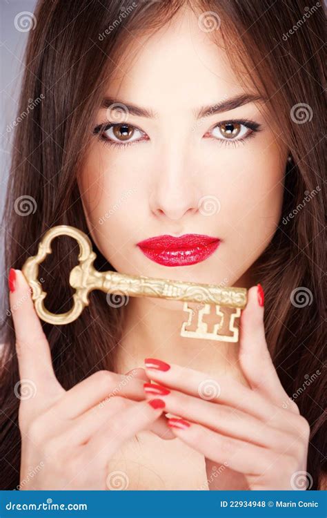 Woman Holding Big Old Key Stock Photo Image Of Female 22934948