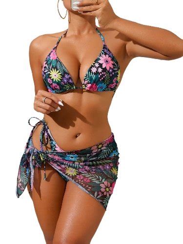 Strój Kąpielowy 3 Częściowy W Kwiaty Komplet Bikini Spódniczka Kolorowy S Inna marka Moda