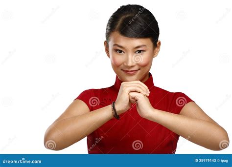 Chinese Woman Greeting Gesture in Elegant Red Dress Stock Image - Image ...