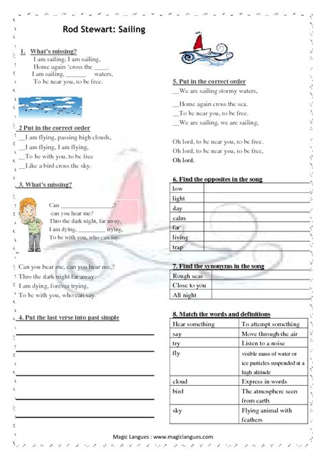 Song Worksheet: I Am Sailing by Rod Stewart