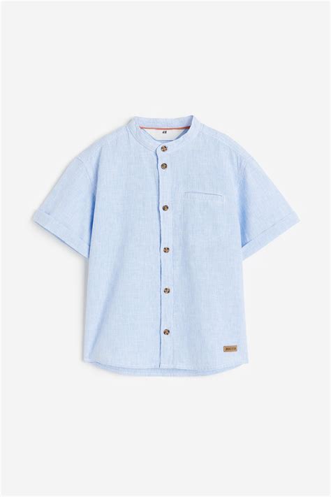 Linen Blend Grandad Shirt Light Bluestriped Kids Handm Gb