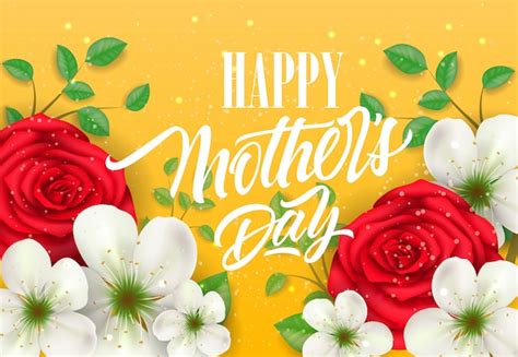 Happy Mother Day Lettering With Flowers On Yellow Background Mothers