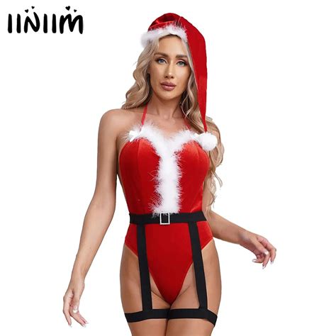 Damen Weihnachten Samt Santa Claus Sexy Kost M Pl Sch Feder Trim